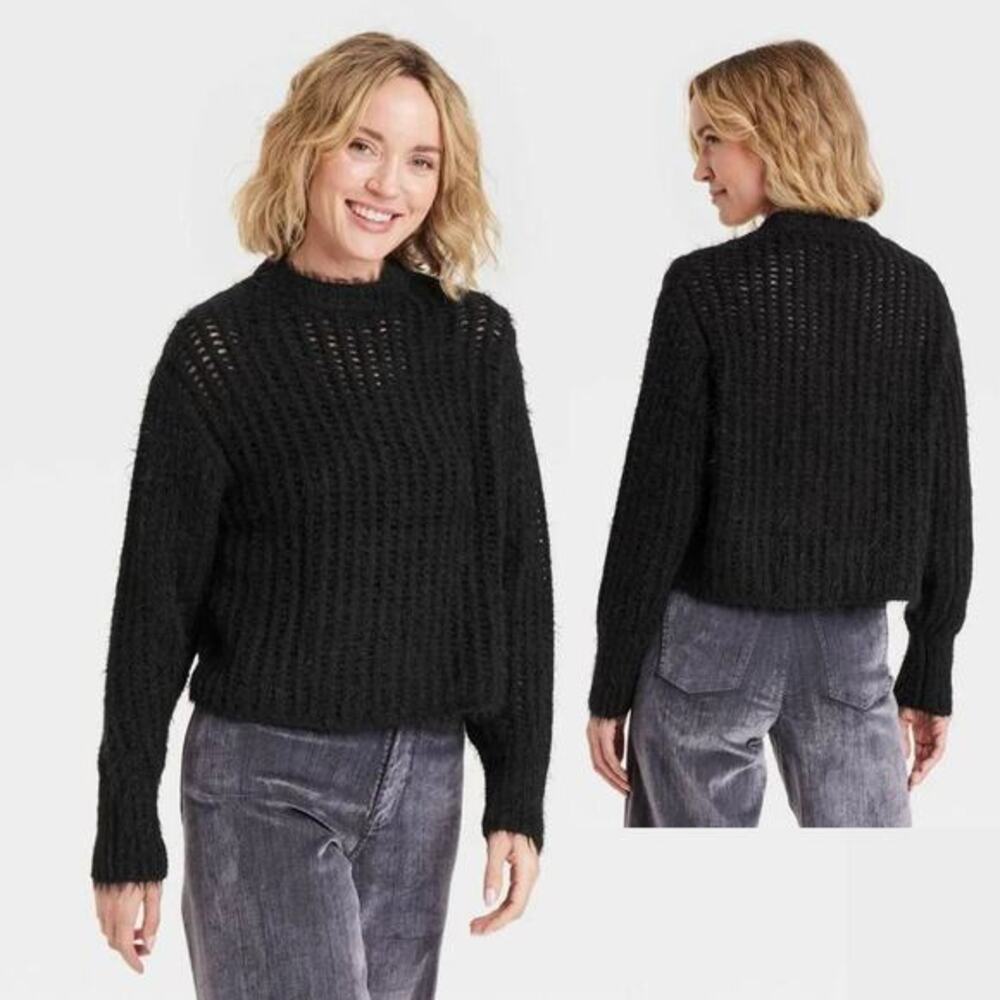 Universal Thread Women's Crewneck Openwork Pullover Sweater Black‎ Size Large